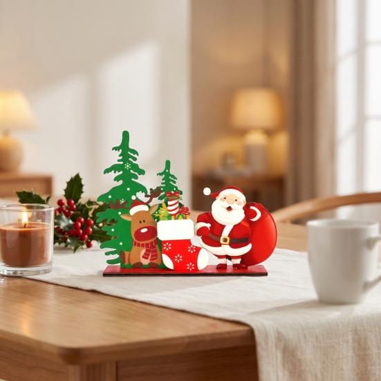 Easy Assembly Xmas Crafts Wooden Christmas Ornaments, Tabletop Decoration with Santa Claus Snowman Elk Reusable Festive Home Decor Designs for Holiday