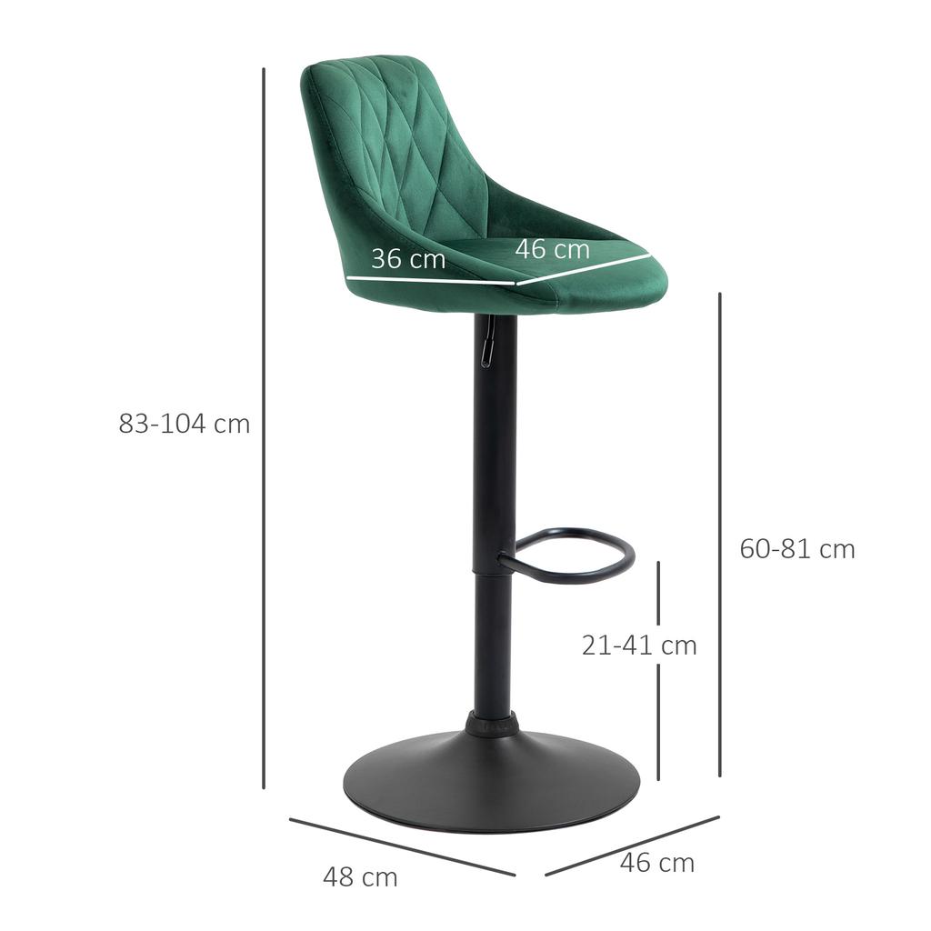 Set of 2 High Stools with Backrest and Footrest, Adjustable Kitchen Stools In Velvet, Metal Base, 46x48x83-104 Cm, Green