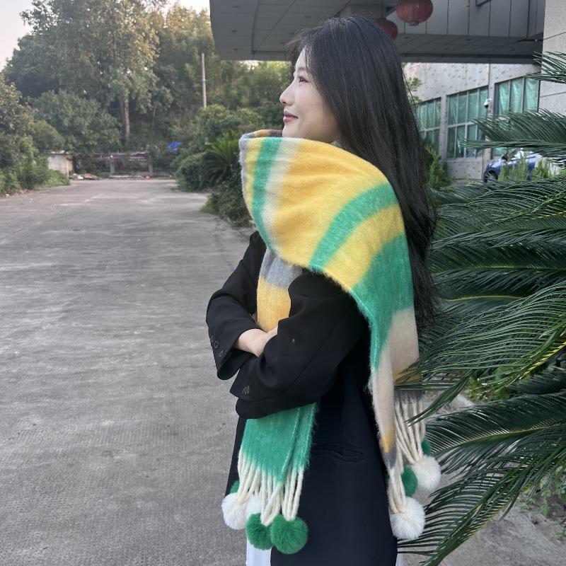 

Осенне-зимний теплый радужный шарф в полоску, универсальный шарф с кисточками, корейский выпуск, высококачественная утолщенная мохеровая шаль для женщин 200*40cm