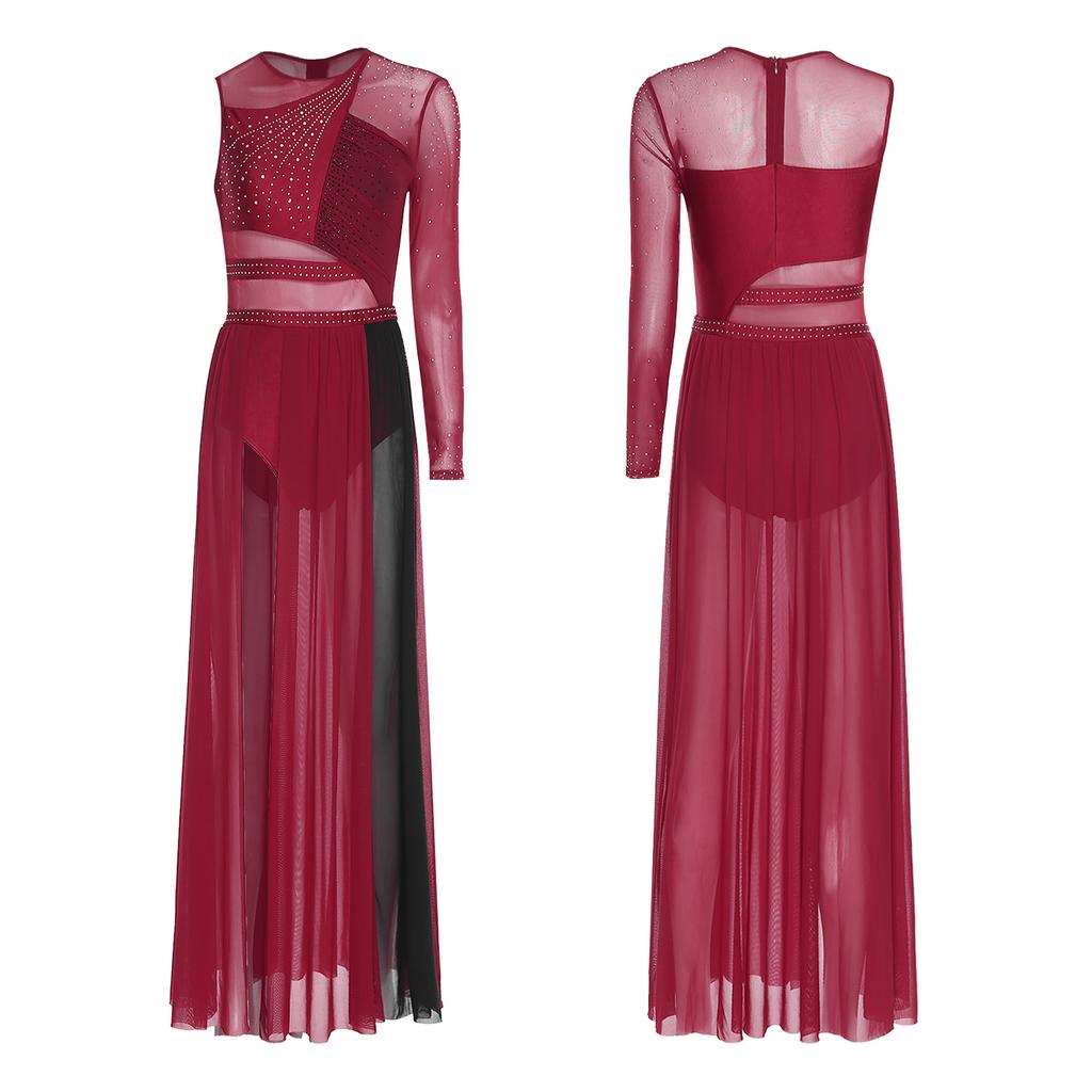 Lyrisches Tanzkleid für Damen Glänzende Strasssteine Colorblock Patchwork Seitenschlitz Mesh Bühnenbekleidung