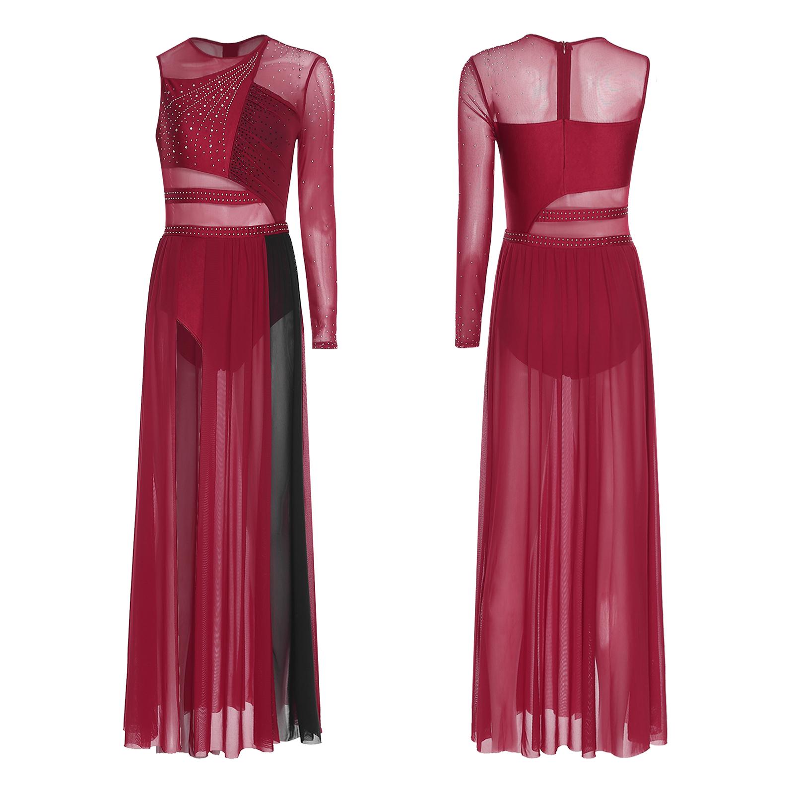 

Side Split Lyrical Dance Dress Women Sheer Mesh with Color Block Patchwork Shiny Rhinestones Gown S чорний/бордовий