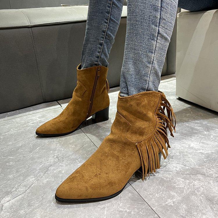 Women's Autumn and Winter Martin Boots Frosted Oversized Fringed Mid-heeled Boots Side Zipper Vintage Pointed Boots