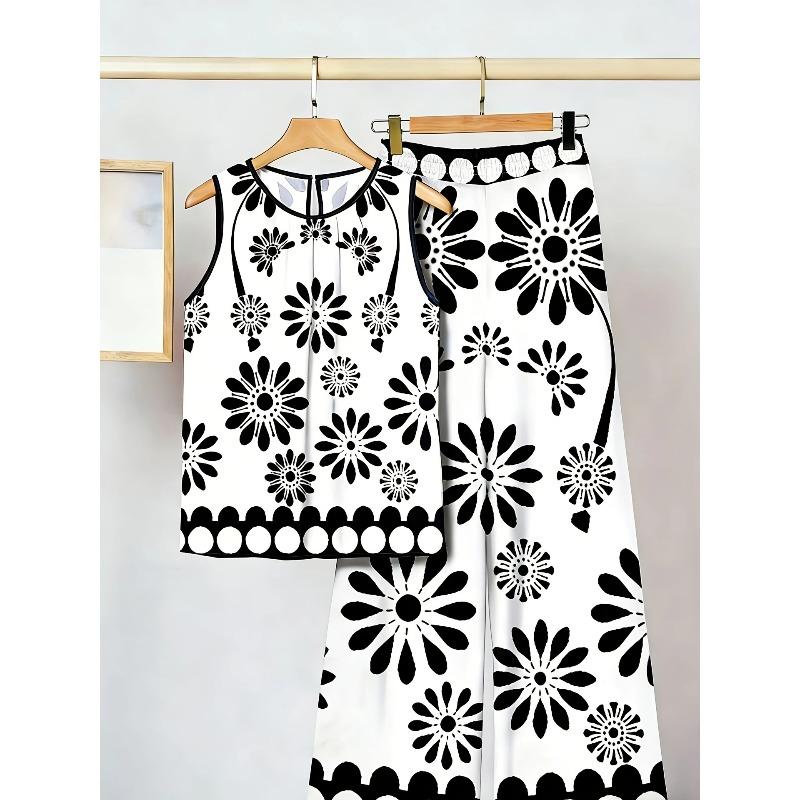 Plus Size Women's Summer Sleeveless Asymmetric Tank Top and Printed Pants Two Piece Set