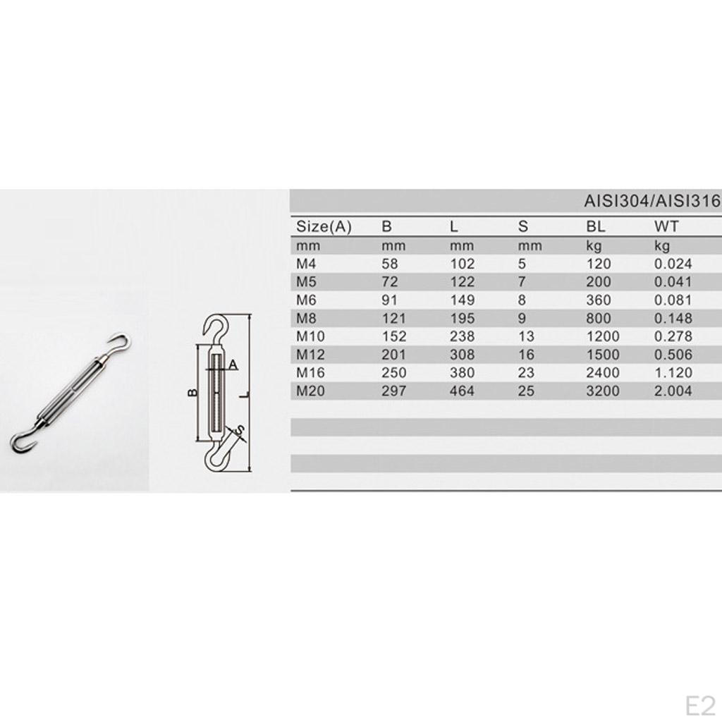 /M5/M6/M8 Stainless Steel 304 Hook & Turnbuckle, 4 Sizes Available