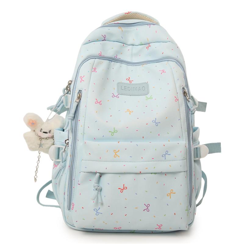 Rucsac din Nylon cu Imprimeu Fundițe Drăguțe pentru Fete Geantă Școlară cu Capacitate Mare Rucsac Student cu Buzunare Multiple