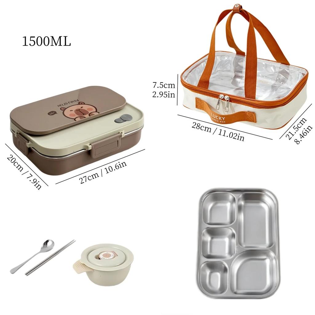 304 Stainless Steel Bento Box with Bowl Cutlery Large Capacity Divided Food Storage Container Sealed Lunchbox for Kids School