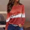 Women's Fashion Casual Slit Hem Round Neck Long Sleeve Loose Printed T-Shirt Ladies Top Christmas
