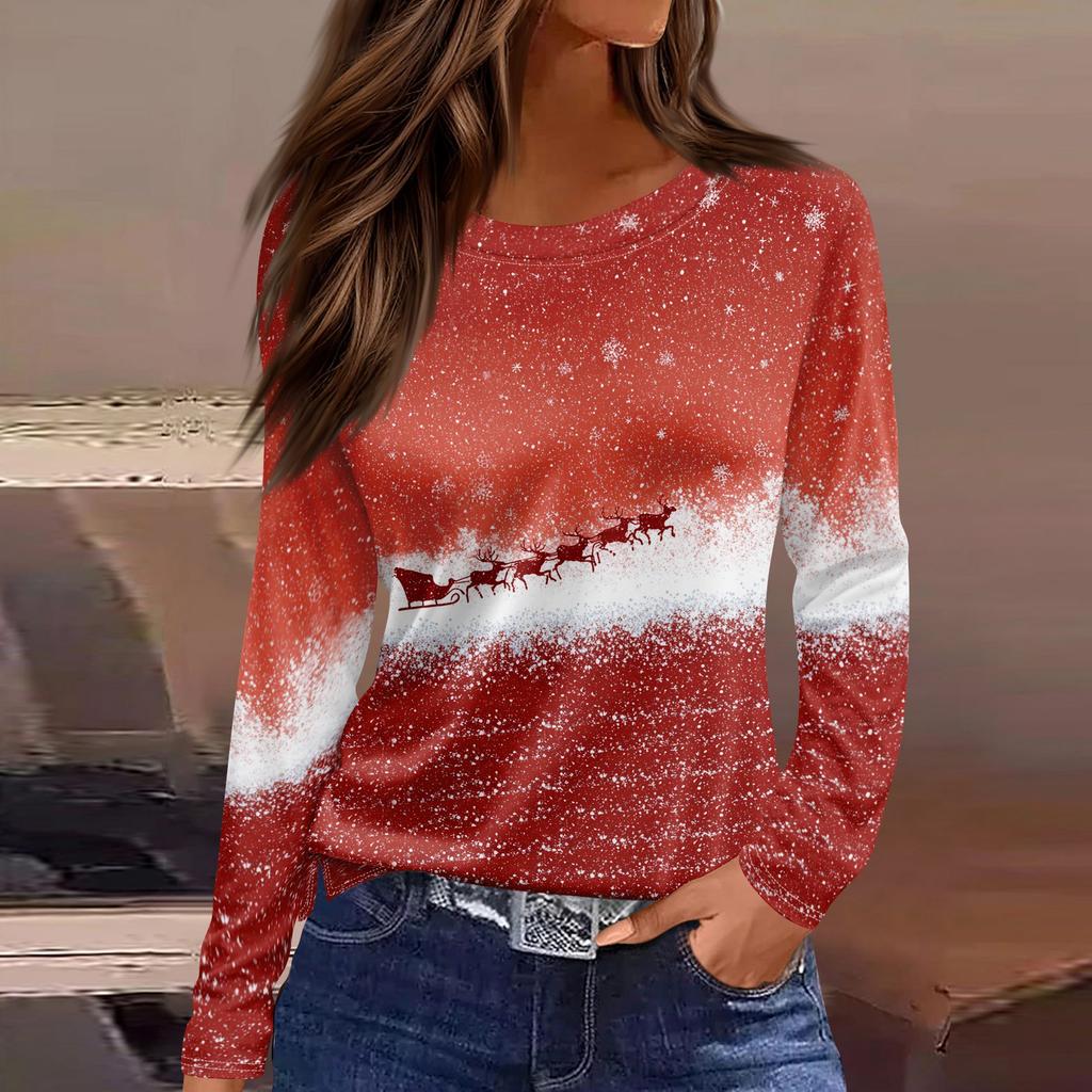 Women's Fashion Casual Slit Hem Round Neck Long Sleeve Loose Printed T-Shirt Ladies Top Christmas
