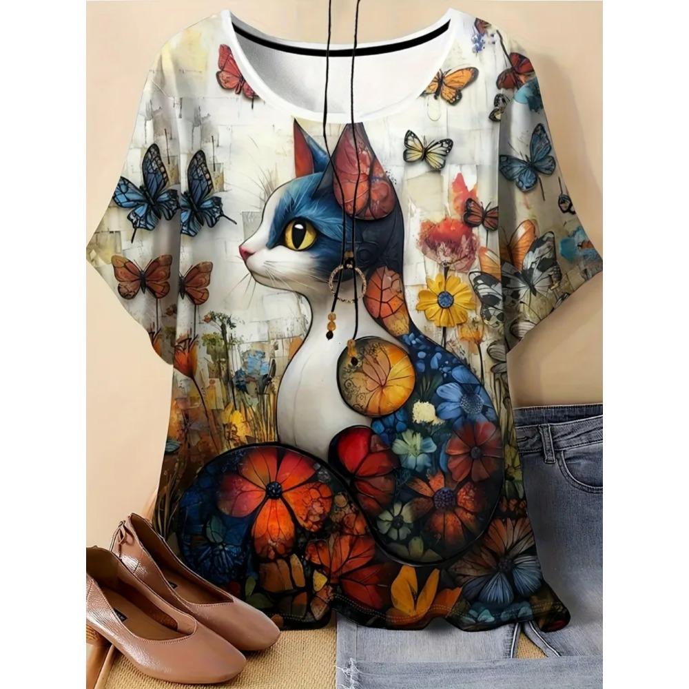 Ladies Fashionable Comfortable Printed Animal T-shirt Interesting Animal Cat Patterns Loose Breathable Large Size Short Sleeved T-shirt