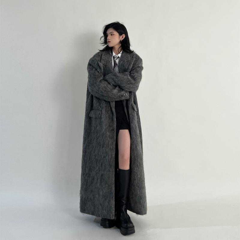 Høst Vinter Klær Kvinner Oversized Ekstra Lang Casual Varm Grå Ullblandingskåpe Kvinner Maxi Myk Ullfrakk