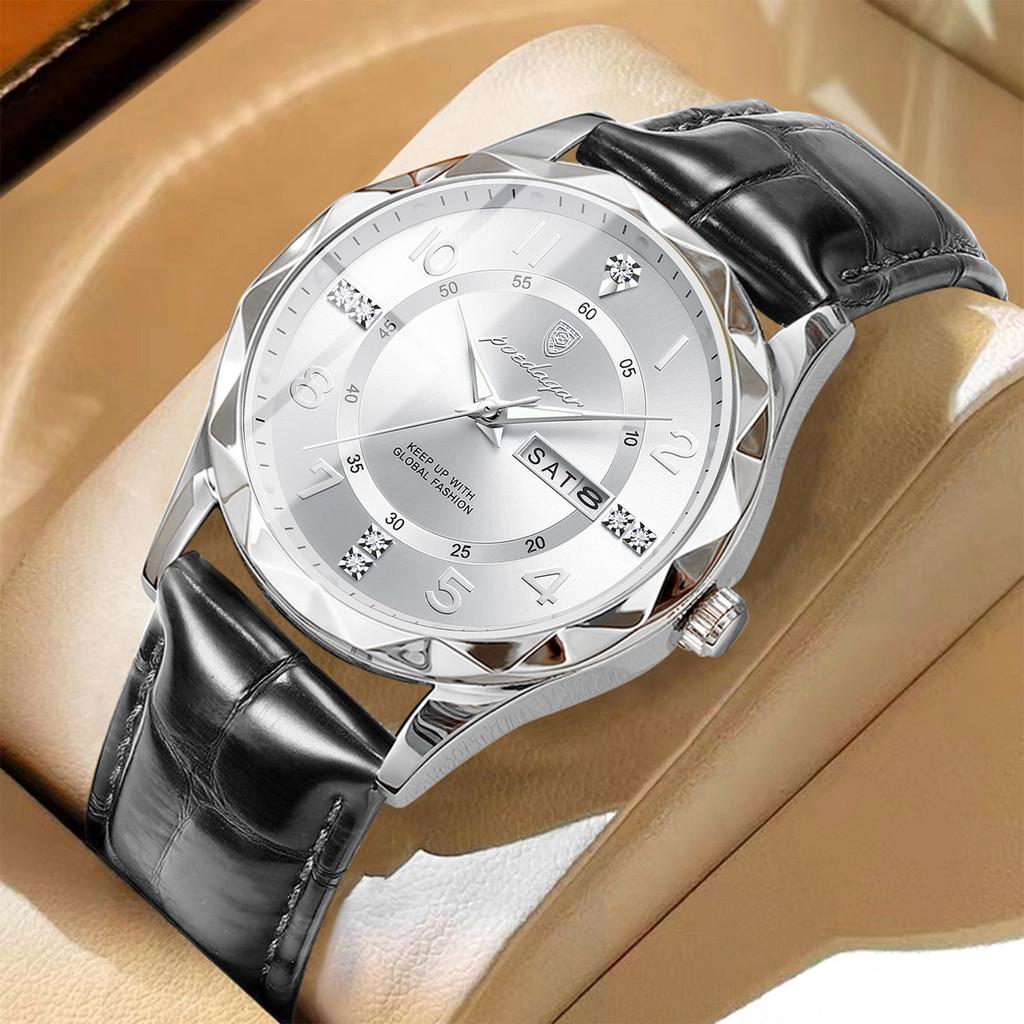 Swiss Mens Quartz Watch With Leather Strap And Luminous Dial For Casual Wear