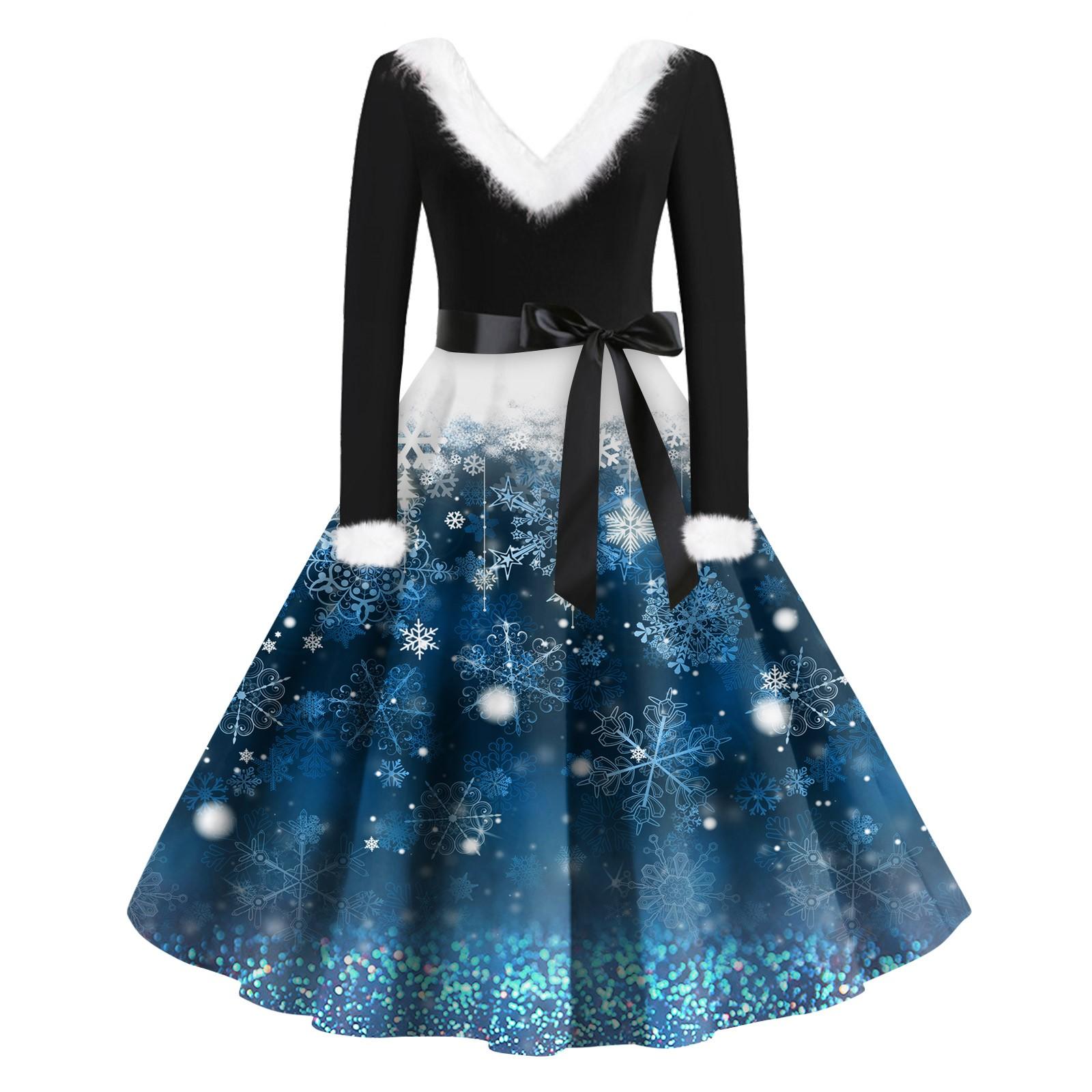 

Женская мода с v-образным вырезом, повседневные тонкие рождественские шерстяные платья с длинным рукавом с принтом XXXXXL