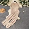 Casual and Fashionable Knit Set for Women New Summer V-Neck Short-Sleeve Sweater Tops and Wide-Leg Pants Two-Piece Sets