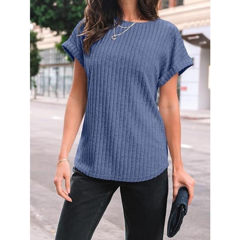 Solid Color Round Neck Ribbed Loose Short Sleeve Casual T Shirt Top For Women