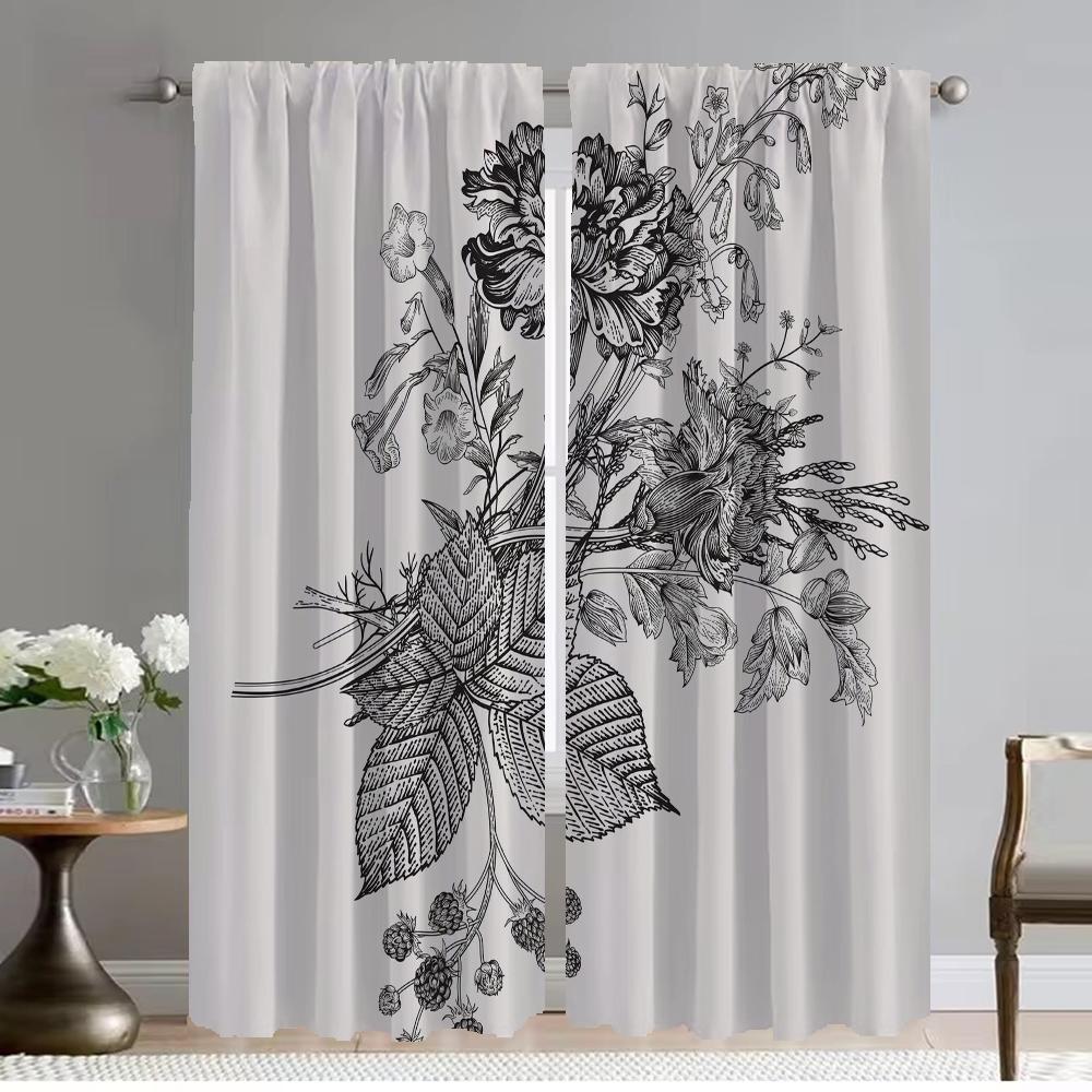 Elegant Room Curtains for Camera Black and White Flower Partition Blackout Curtain Halloween Decoration Curtains 2 Pieces Shades