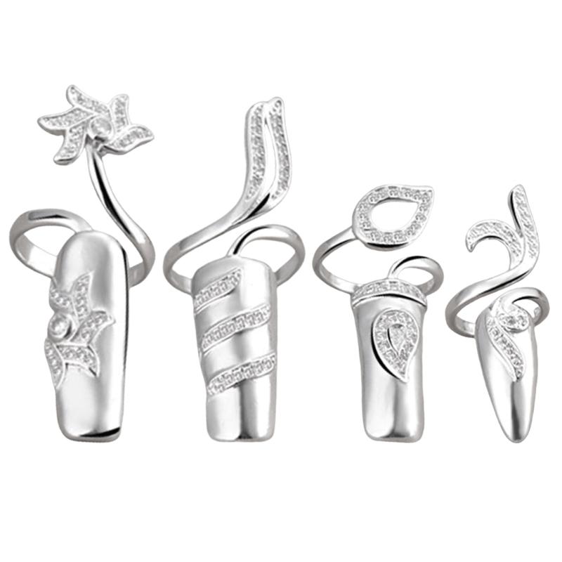 

Упаковка из 4 элегантных открытых регулируемых колец для ногтей с цирконами, стразами, кольцами для кончиков пальцев, ювелирными изделиями, защитными чехлами для ногтей