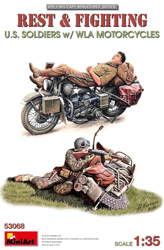 Miniart WLA Motorcycle and American Soldier Rest and Combat Plastic Model MA53068 1/35 (Person)