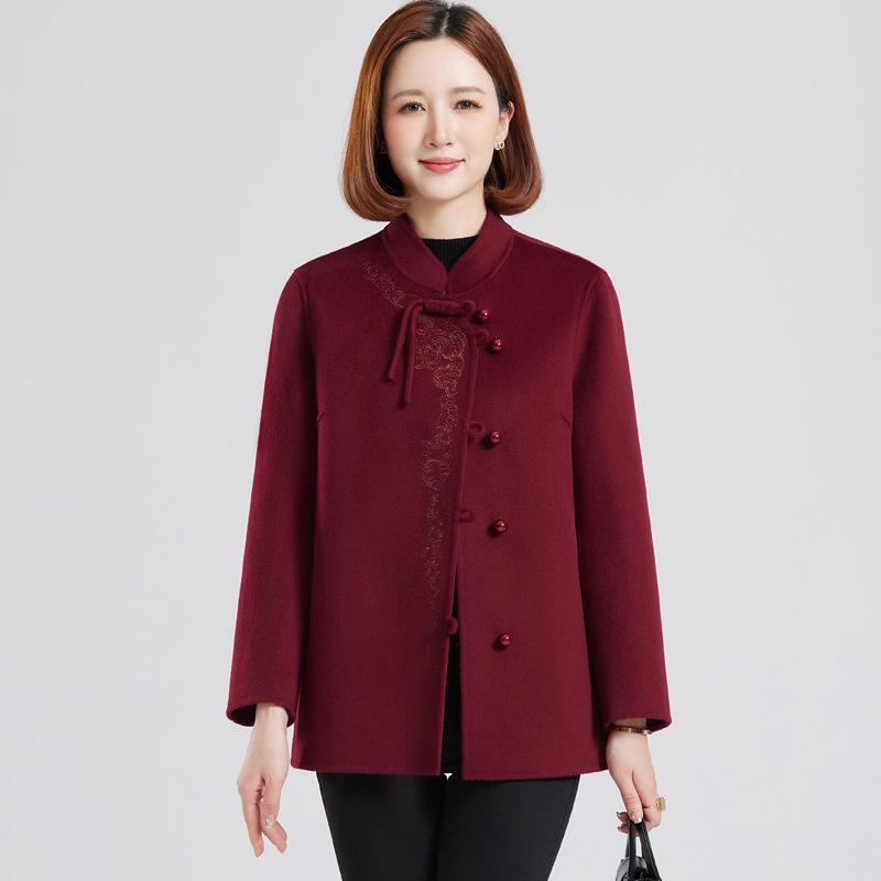 Damen Doppelseitiger Kaschmir-Wollmantel - Bestickt, Modische Kurze Jacke für Mittleren Alters & Ältere (Herbst Winter)