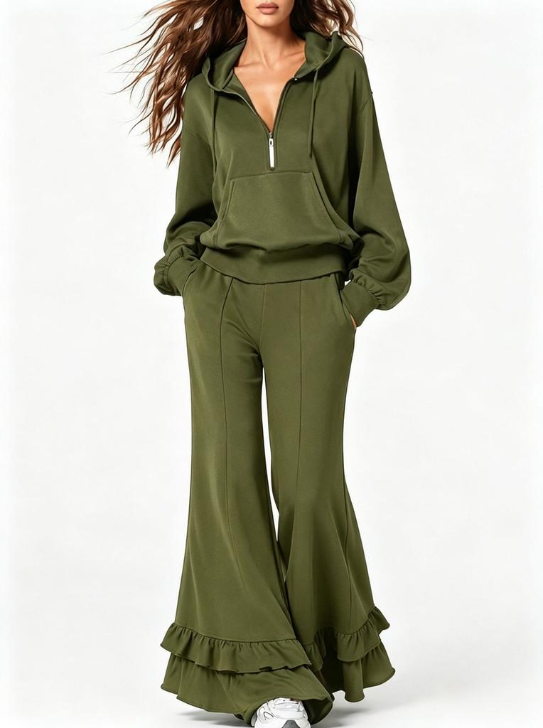 2026 Amazon popular women's clothing casual hooded half-zipper sweater set ruffle edge flared pants two-piece set women
