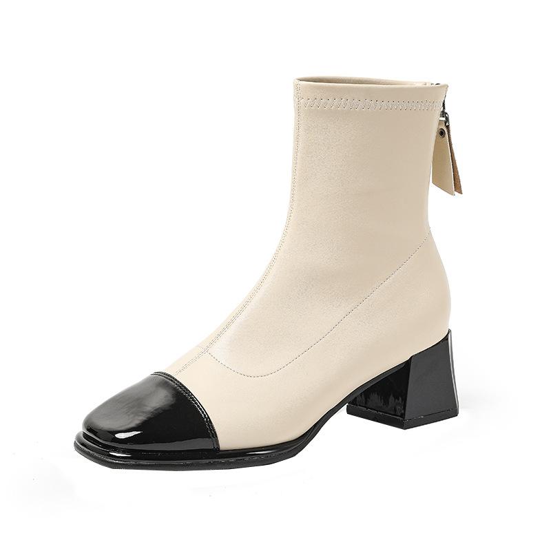 

Retro Martin boots women s thick heel autumn and winter color matching thick heel square head short boots women s rear zipper 39