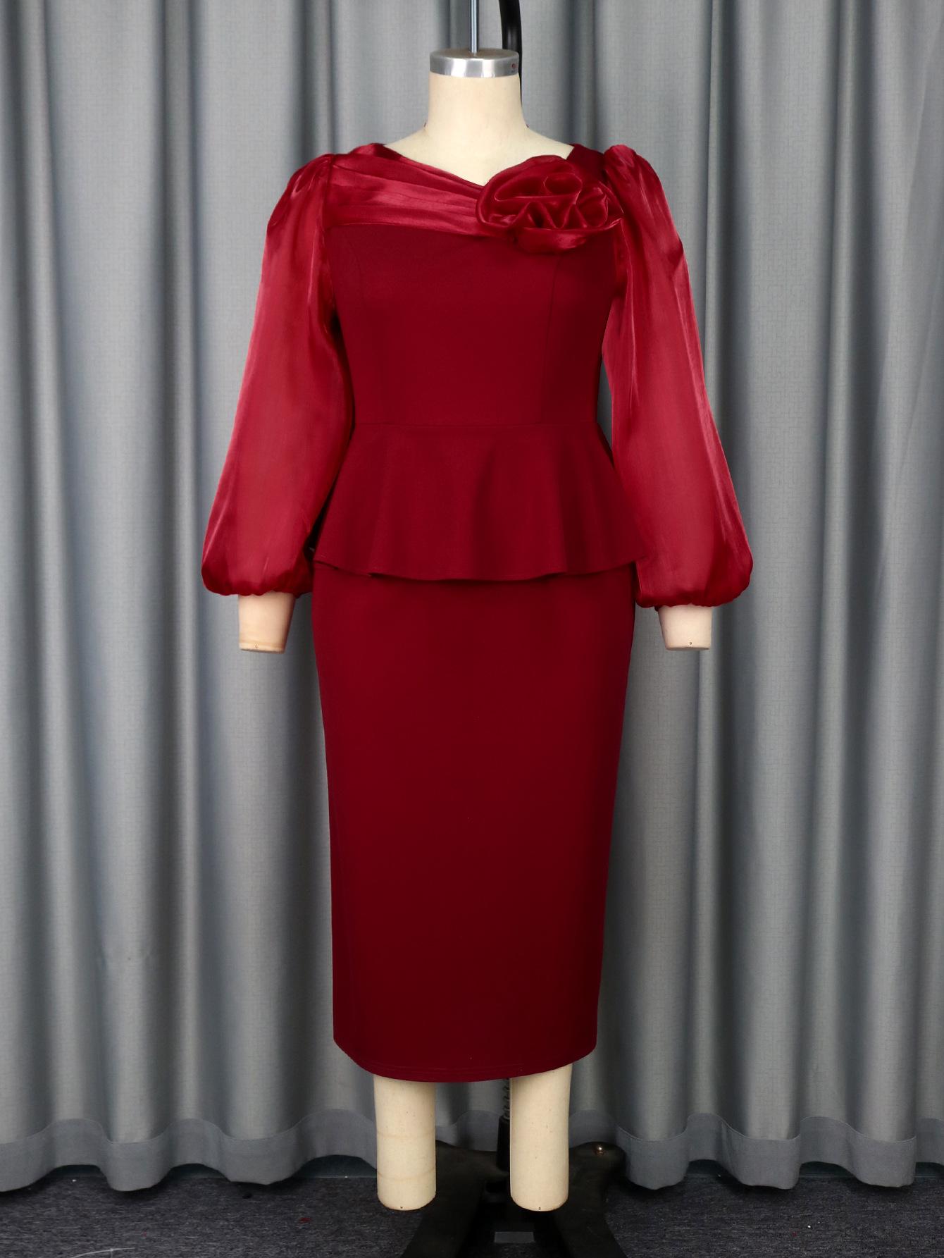 

Элегантное винное миди-платье для женщин, дизайн пеплум, пышные рукава из сетки с 3D-цветочной отделкой, формальный наряд для церкви, свадьбы, гостя на вечеринке 4XL винный