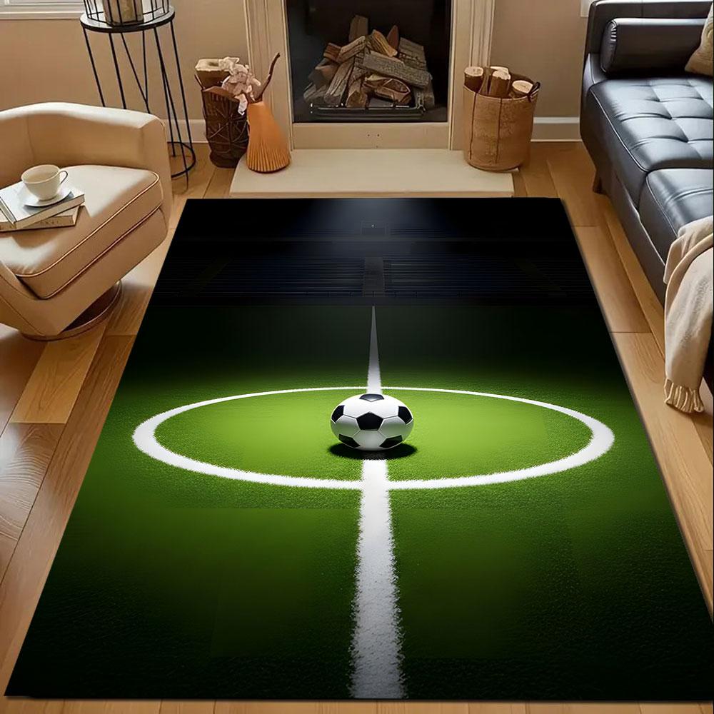Soccer Ball In Spotlight Patterned Carpet, Non Slip Mat Suitable for Living Room and Bedroom Sofas
