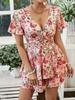 2025 European & American V-neck Floral Zipper Romper Dress