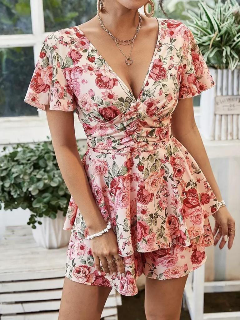 2025 European & American V-neck Floral Zipper Romper Dress