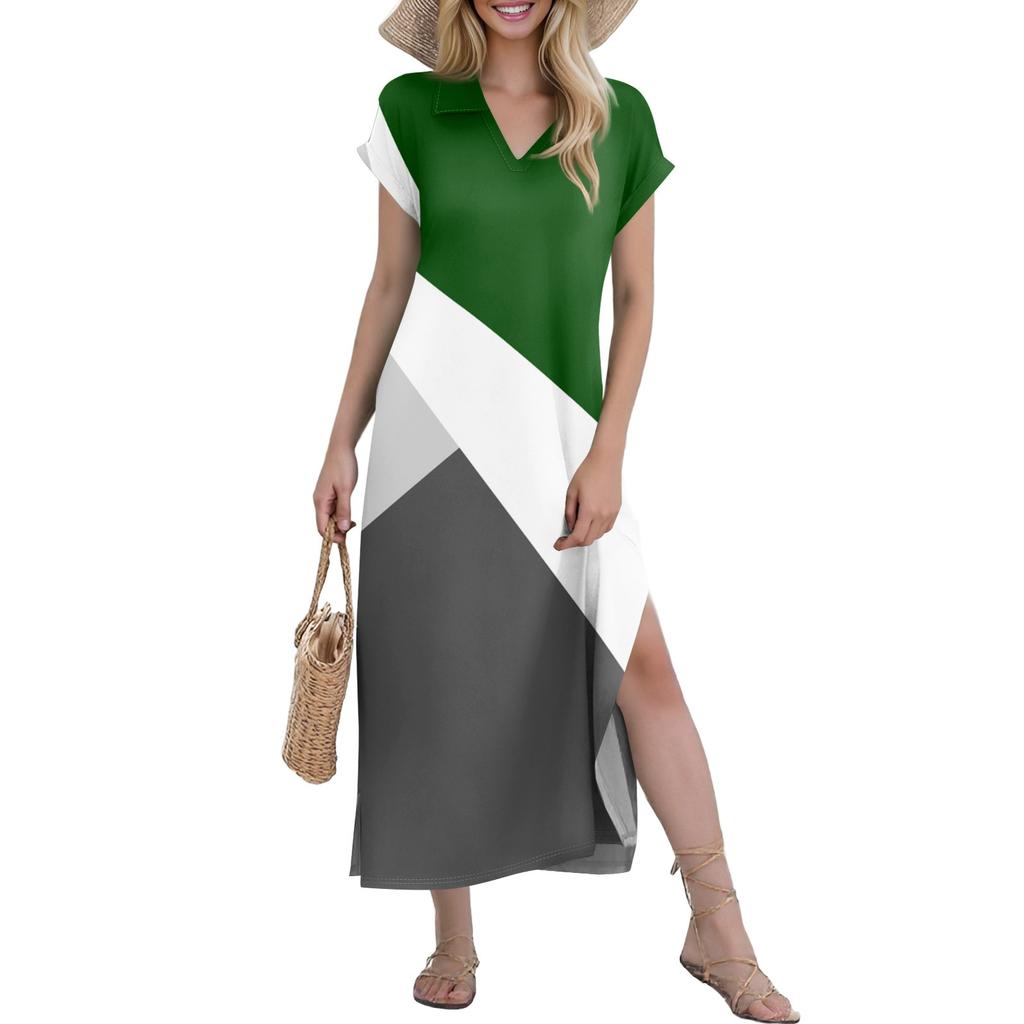 Women's Casual Comfortable V Neck Loose Hem Split Vacation Short Sleeve Geometric Long Dresses
