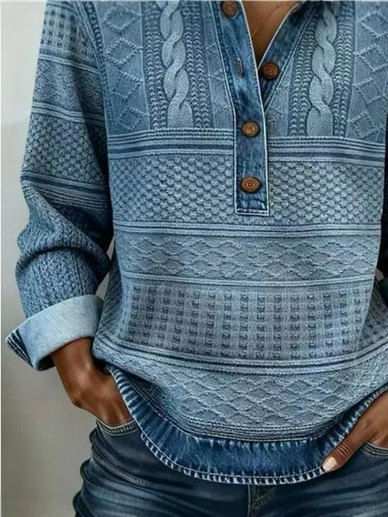 2025 European Style Knit Lapel Long Sleeve Women's Shirt: Autumn Winter Versatile Casual with Patchwork Denim