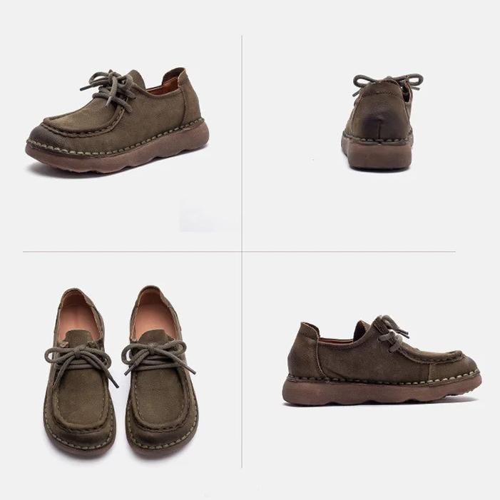 Johnature Echte Leder Ballerinas Bequem Vielseitig Schnürschuhe Pendeln Retro Weichbesohlte Damenschuhe