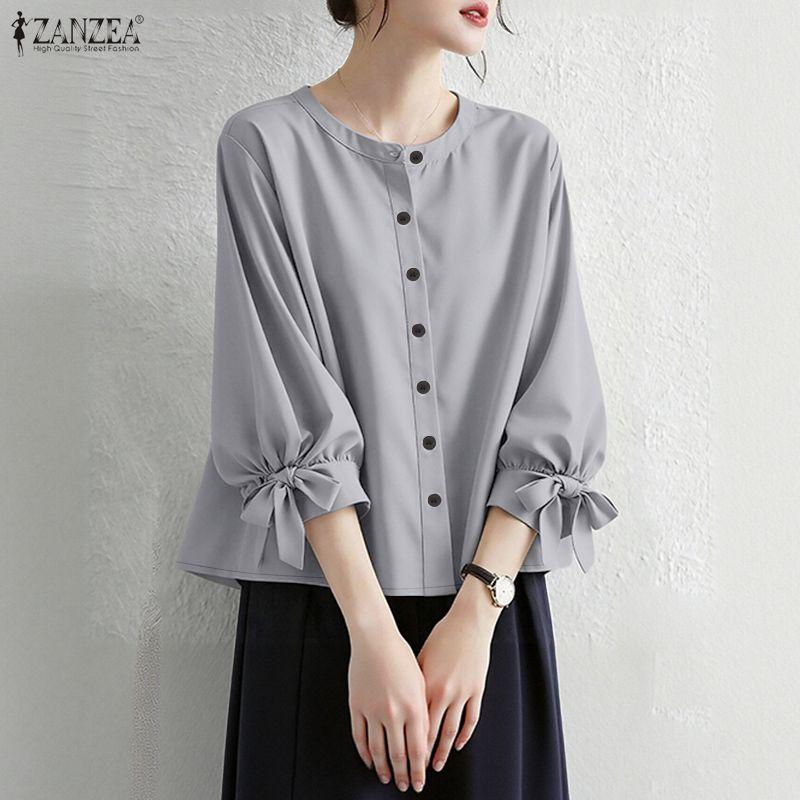 ZANZEA Women Casual Round Neck Solid Color Loose 3/4 Sleeve Blouse
