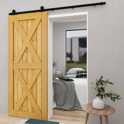 CCJH 6FT/1.83m Retro Steel Sliding Door Rail, Hanging Door Hardware for DIY Single Wooden Barn Doors, with T-Hook Plate