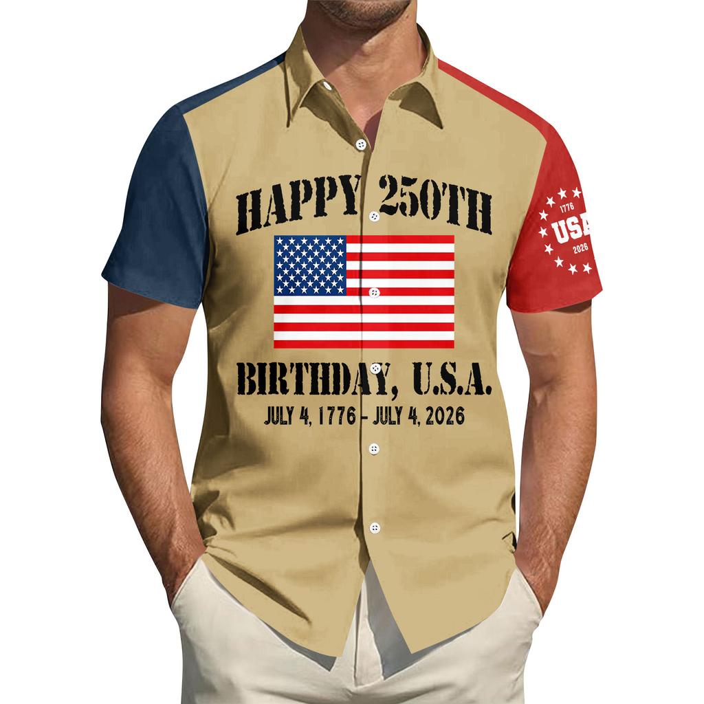 Top da Uomo Stampato per il Giorno dell'Indipendenza con Colletto Camicia Casual Sportiva a Maniche Corte da Uomo