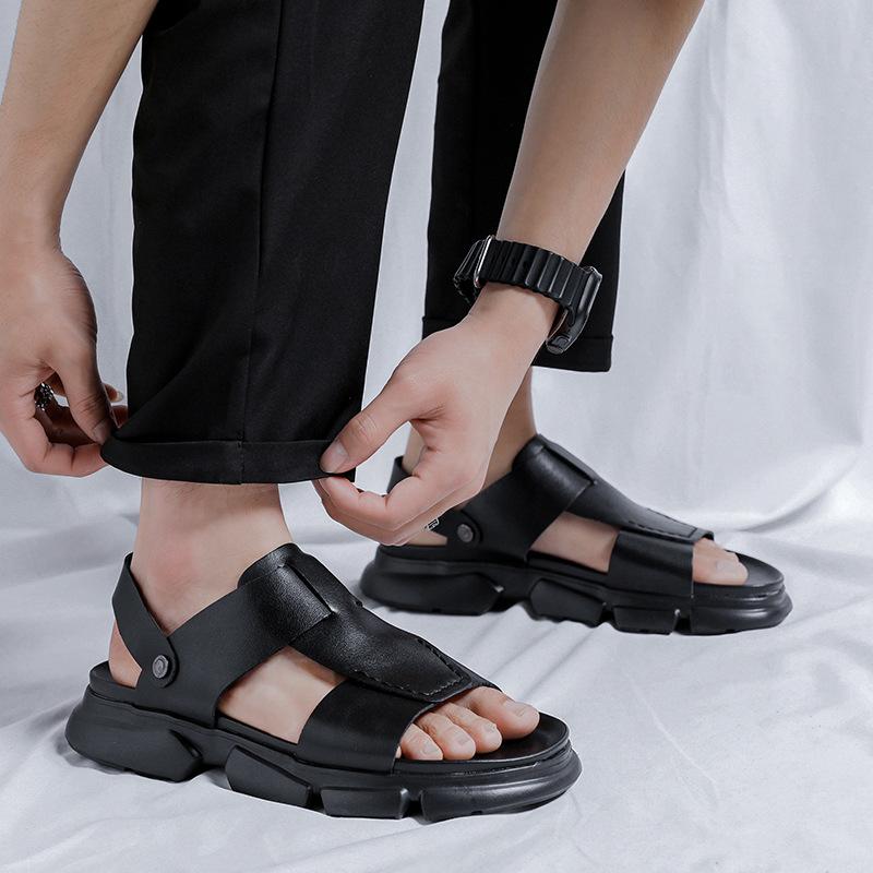 Slippers Men's Summer Outer Wear Ins Trendy British Style Black One-word Sandals Casual Thick Bottom Height Increase Two Wear 8608-R