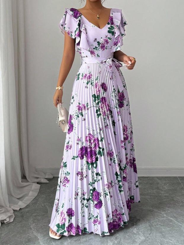 Europe and the United States hot summer women's digital printing pleated holiday wind lotus leaf edge waist elegant romantic women's dress