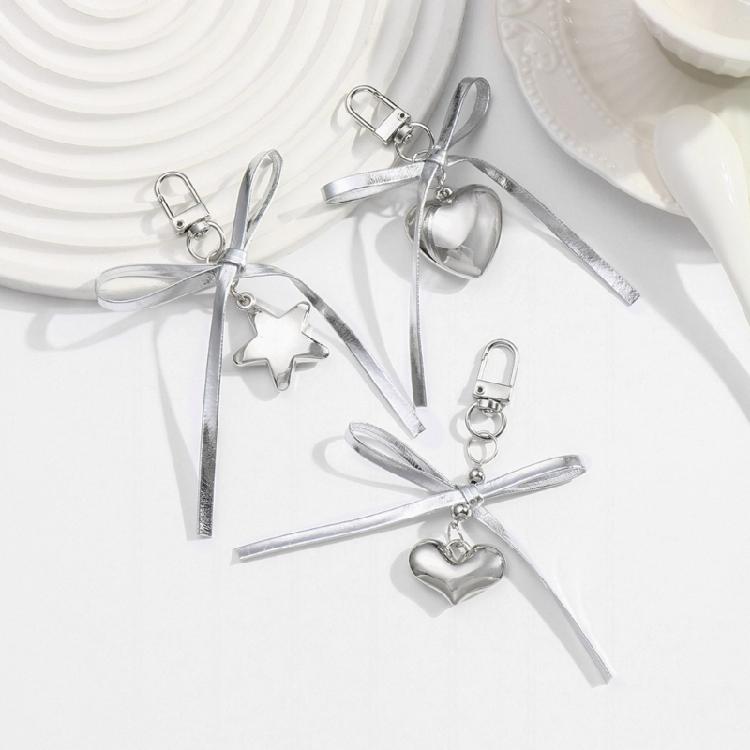 Heart Embellished Silver Leather Bowknot Key Rings Unique Accessory for Backpacks and Purses for the Modern Woman