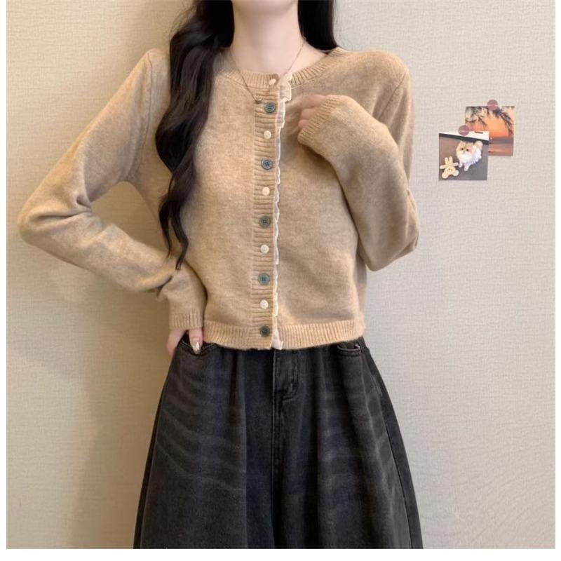 Autumn new lace splicing single-breasted short round neck long-sleeved knitted cardigan women's casual knitted jacket