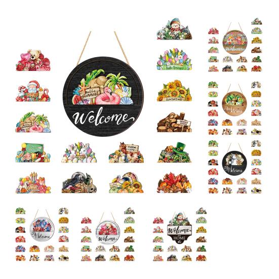 Decorative Wooden Door Sign Interchangeable Seasonal Welcome for Front Door, 12 Inch Round Wood Hanging Housewarming Gift For New Home with