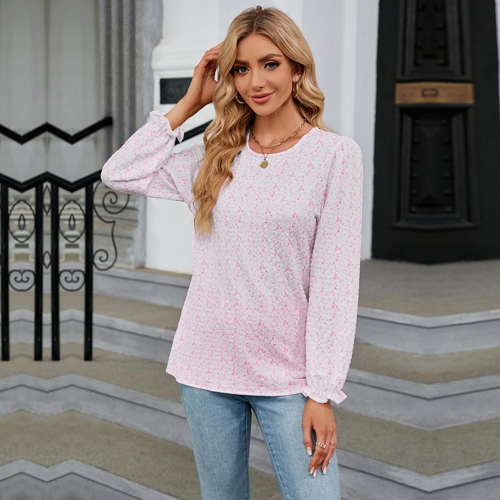 GMXIA Women's Fashion Autumn Winter Casual Solid Color Print Long Sleeve O Neck Blouses & Shirts