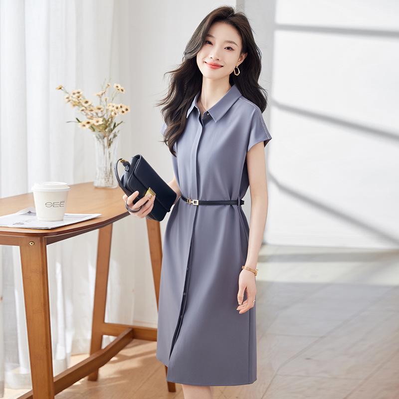 Women's Summer Polo Collar Shirt Dress - Waist-Slimming, Single-Breasted, Solid Color, Versatile, Mid-Length