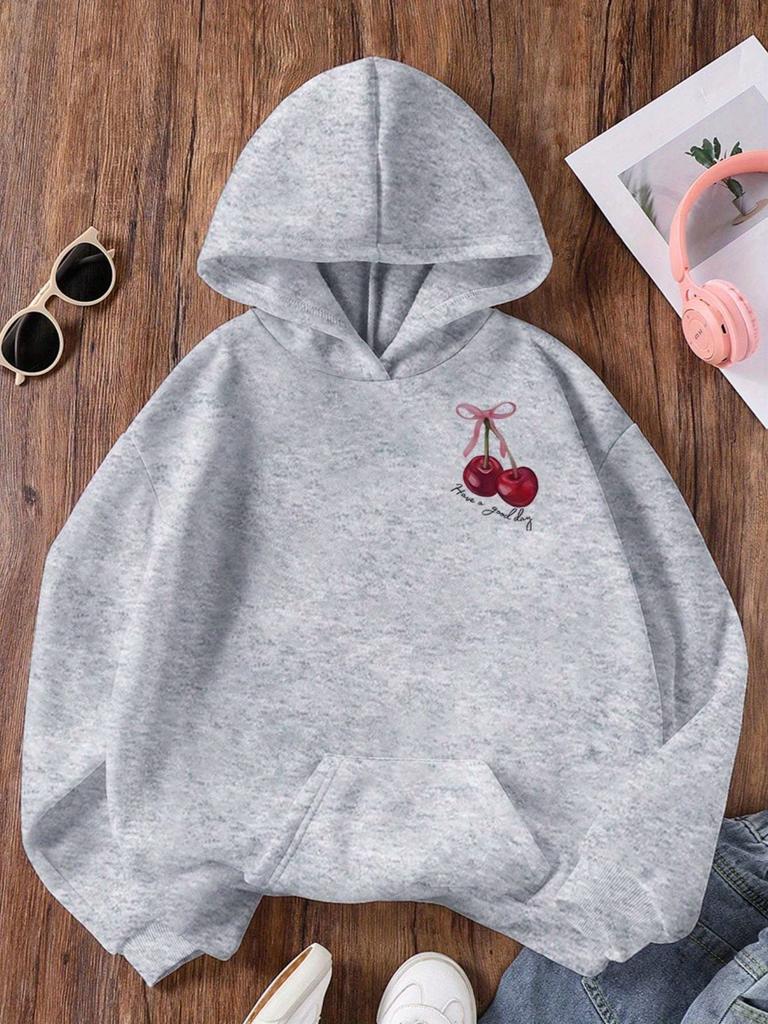 Felpa Casual Moda Bambini Autunno/Inverno Colore Unito Carino Fiocco Motivo Ciliegie Stampa Lettere, Adatta per Attività all'Aperto