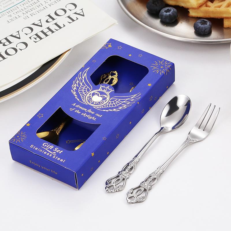 Stainless Steel Spoon Fork Two-piece Cutlery Gift Box Retro Coffee Spoon and Fork Set with Hand