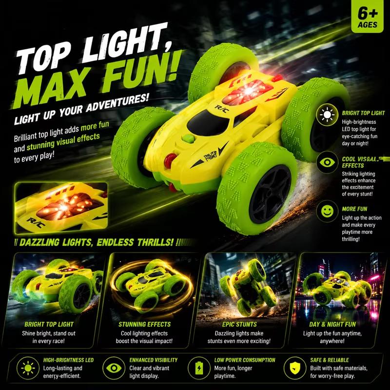 New Multifunctional Mini Remote Control Car with Lights Type-C Fast Charging 2.4GHz Double Sided Flips RC Cars 360° Rotates RC Stunt Car Toys for Kids