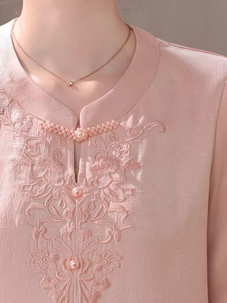 Mom's Spring Style: New 2026 Chinese-Inspired Blouse for Middle-Aged & Elderly Women - Round Neck, Thin Fabric