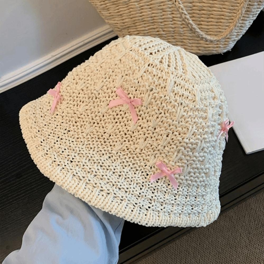 Solid Color Summer Sun Hat Weave Bow Bucket Hat Casual Sunscreen Visor Cap Hiking