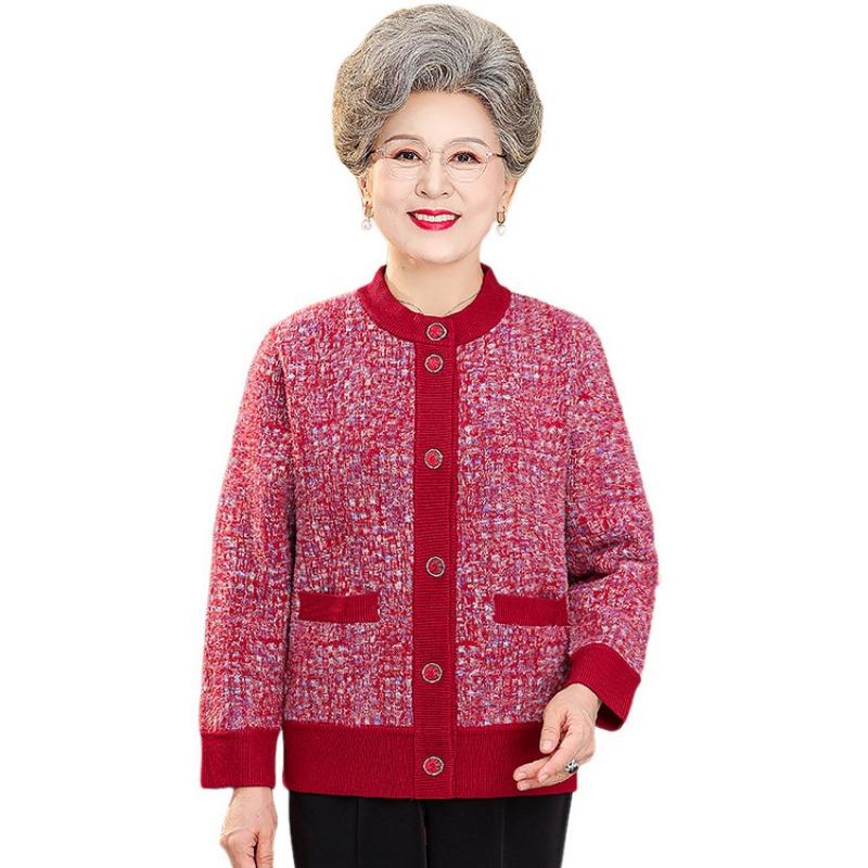 Autumn and Winter Velvet Thickened Spring and Autumn Grandma Knitted Sweater Clothes Middle Old Girl Mother Old Man Sweater Cardigan Jacket
