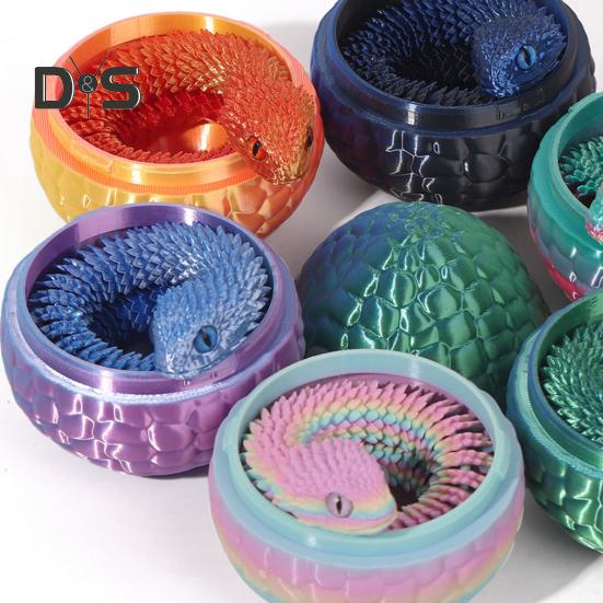 1 Set 3D Printed Snake Egg Figurine Movable Joints Snake Eggshell Figure Fidget Toy Snake Egg with Articulated Snake Inside Desktop Decoration
