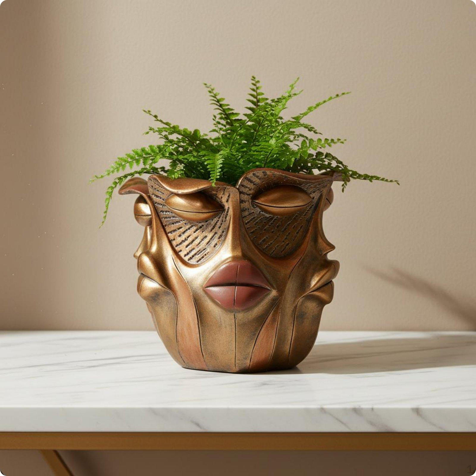 Abstract Face Planter Gilded Bronze Multifacial Resin Plant Pot