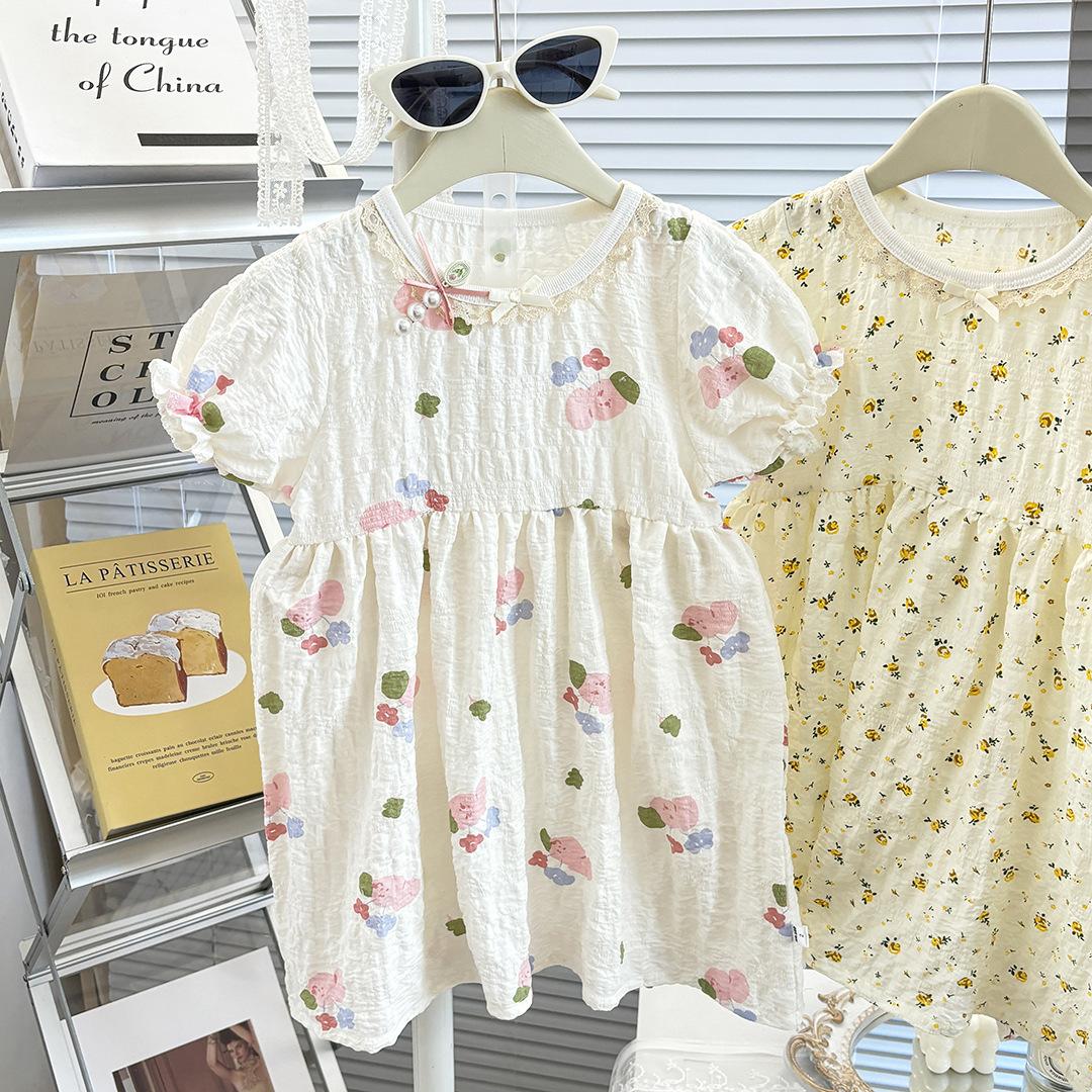 Girls Summer Floral Puff Sleeve Princess Dress Baby Short Sleeve Cotton A Class Toddler Party Dress For Kids 100cm